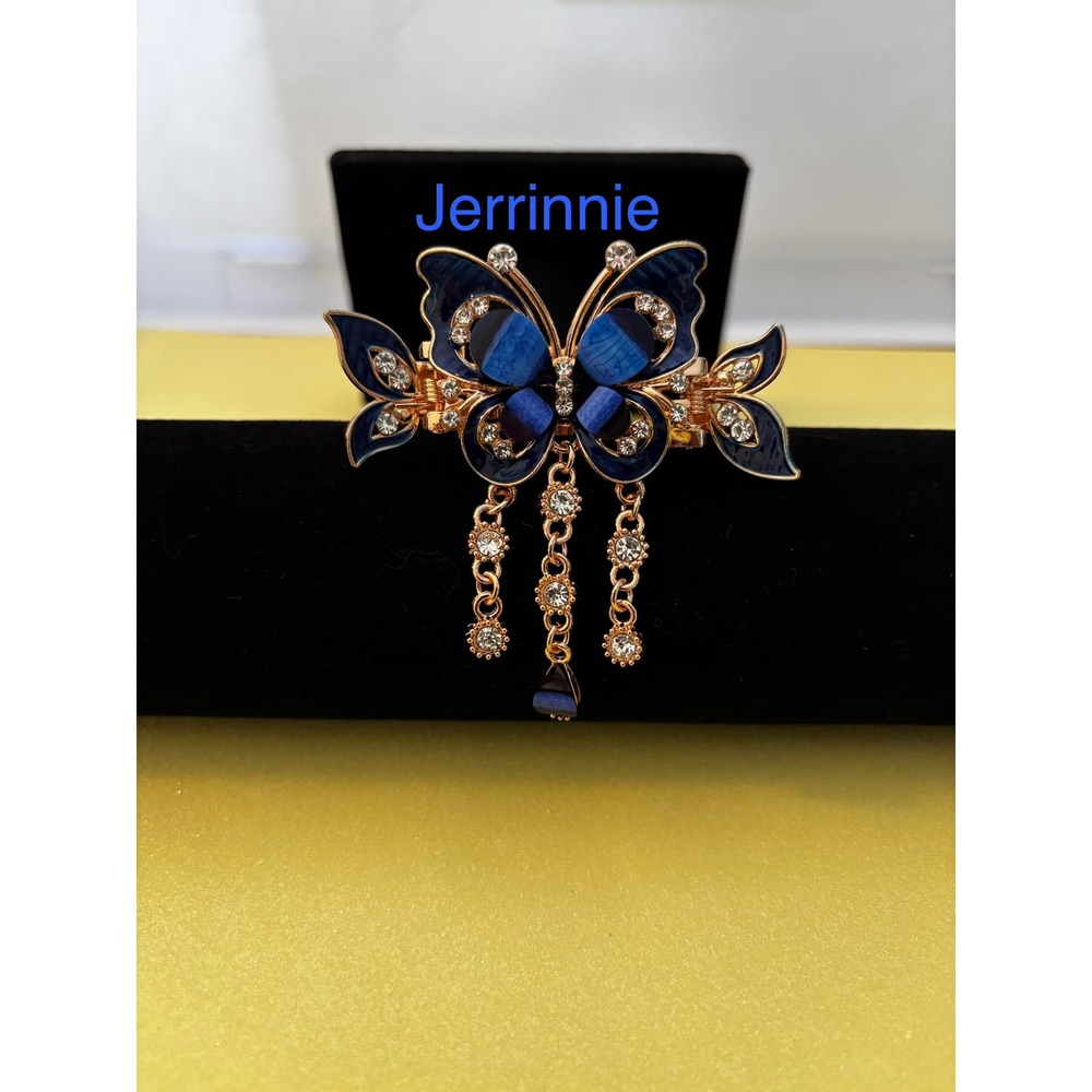 Jerrinnie Blue Butterfly Hair Claw Clip Gold Tone Rhinestone Dangle Charms NEW